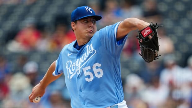 Jul 27, 2022; Kansas City, Missouri, USA; Kansas City Royals starting pitcher Brad Keller (56) pitches against the Los Angeles Angels during the first inning at Kauffman Stadium. Mandatory Credit: Jay Biggerstaff-USA TODAY Sports